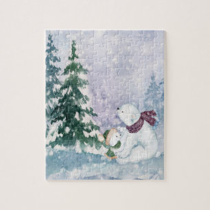 Cute Winter Scene med Mamma och Baby Bear Pussel