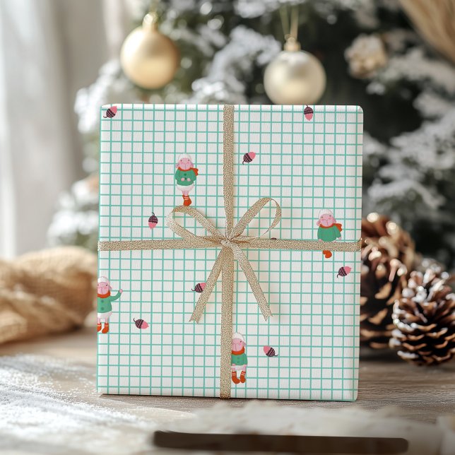 Cute Winter Sheep & Acorns on Mint Grid- Christmas Presentpapper (Skapare uppladdad)