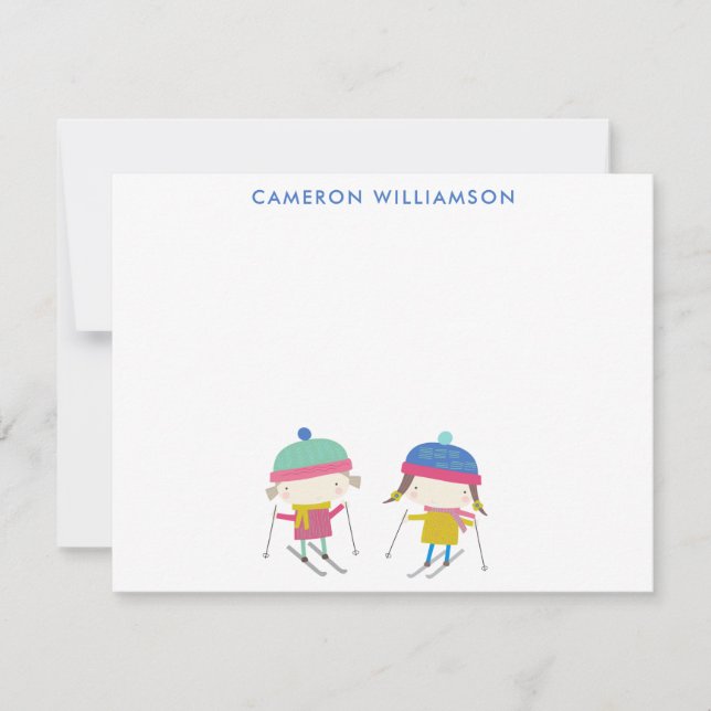 Cute Winter Skiing Kids Personlig Stationery Anteckningskort (Framsida)