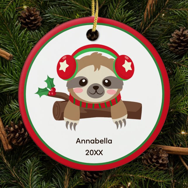 Cute Winter Sloth Personlig Kids jul Julgransprydnad Keramik (Skapare uppladdad)