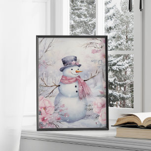 Cute Winter Snögubbe Rosa Flowers Poster