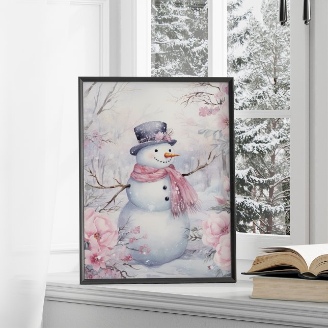 Cute Winter Snögubbe Rosa Flowers Poster (Skapare uppladdad)