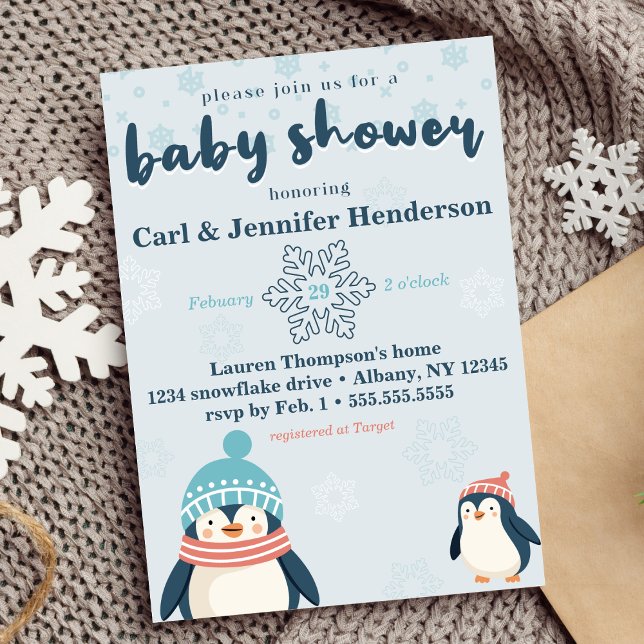Cute Winter Snowy Penguin Baby Shower Inbjudningar (cute winter baby shower penguin and snowflake design gender neutral for boy or girl blue cozy animal)