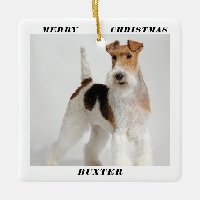 Cute Wire Fox Terrier Hund Photo God jul Julgransprydnad Keramik (Framsida)