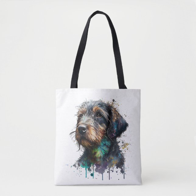 Cute Wirehaged Dachshund Puppy Watercolor Art Tot Tygkasse (Framsida)