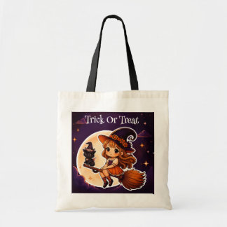Cute Witch and Black Cat Halloween Tote Bag Tygkasse