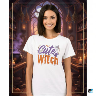 Cute Witch Black and White Womens Halloween T Shirt