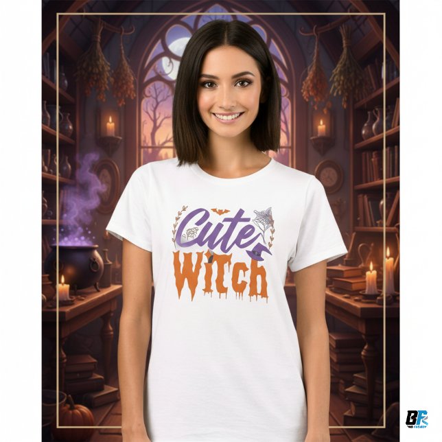 Cute Witch Black and White Womens Halloween T Shirt (Skapare uppladdad)