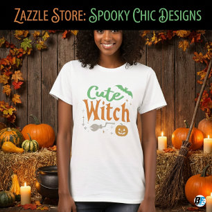 Cute Witch Black and White Womens Halloween T Shirt