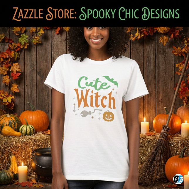 Cute Witch Black and White Womens Halloween T Shirt (Skapare uppladdad)