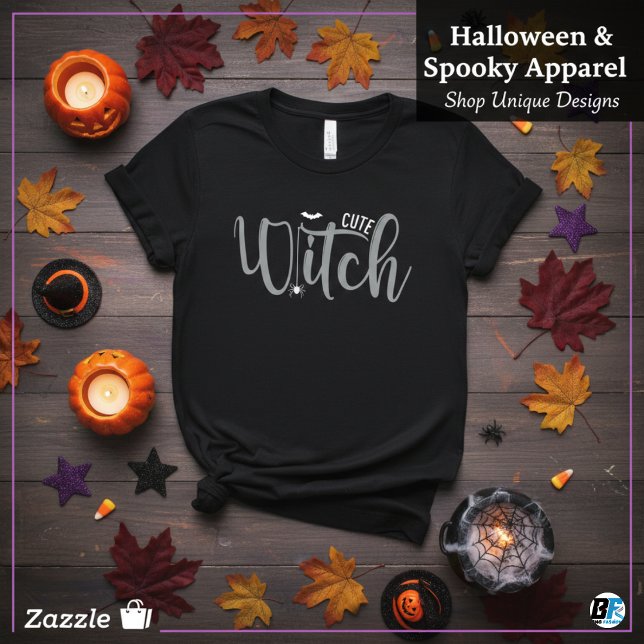 Cute Witch Black and White Womens Halloween T Shirt (Skapare uppladdad)