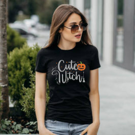 Cute Witch Black and White Womens Halloween T Shirt
