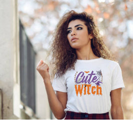 Cute Witch Black and White Womens Halloween T Shirt