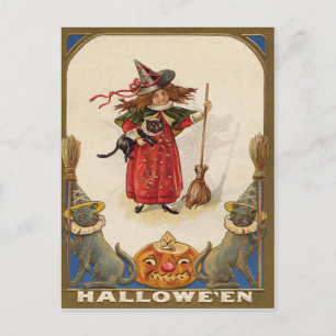 Cute Witch Black Cat Jack O'Lantern Vykort