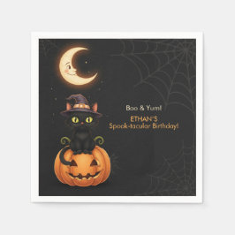 Cute Witch Cat and Pumpkin Birthday Pappersservett