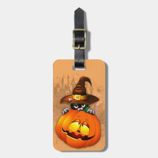Cute Witch Cat and Pumpkin Halloween Friends Bagagebricka (Vertikal Framsida)