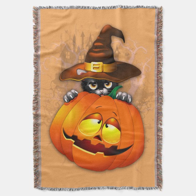Cute Witch Cat and Pumpkin Halloween Friends Filt (Framsidan Vertikal)