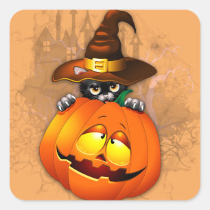 Cute Witch Cat and Pumpkin Halloween Friends Fyrkantigt Klistermärke
