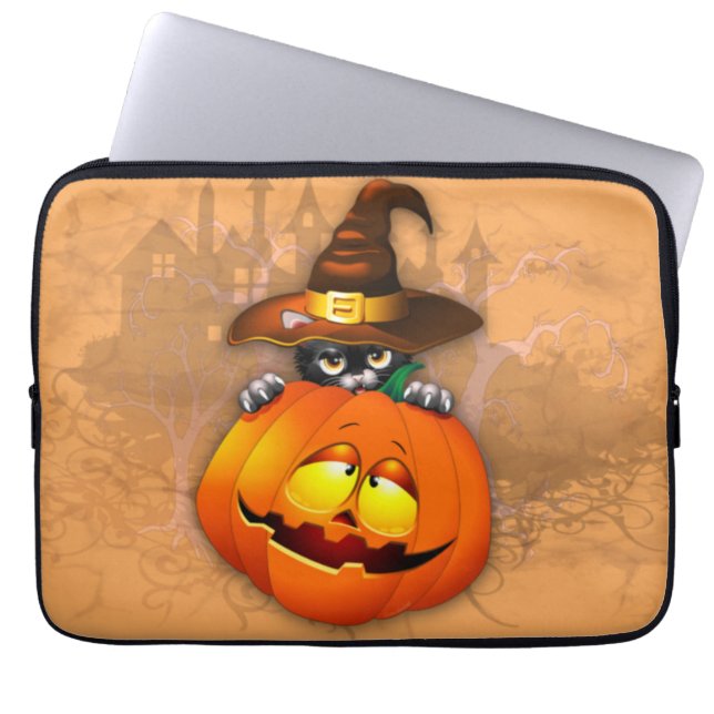 Cute Witch Cat and Pumpkin Halloween Friends Laptop Fodral (Framsidan)