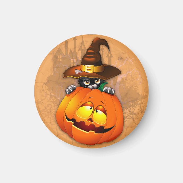 Cute Witch Cat and Pumpkin Halloween Friends Magnet (Framsidan)