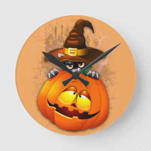 Cute Witch Cat and Pumpkin Halloween Friends Rund Klocka