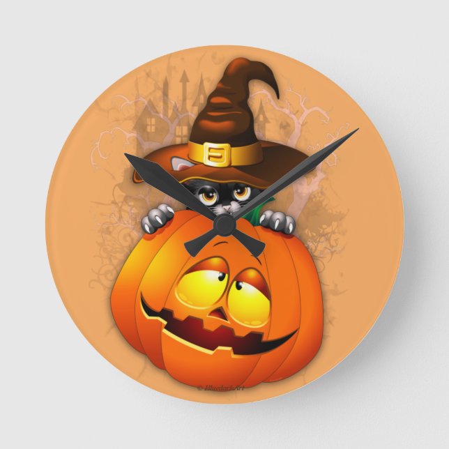 Cute Witch Cat and Pumpkin Halloween Friends Rund Klocka (Framsida)