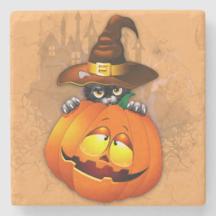 Cute Witch Cat and Pumpkin Halloween Friends Stenunderlägg