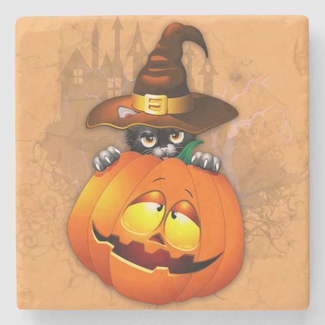 Cute Witch Cat and Pumpkin Halloween Friends Stenunderlägg (Framsidan)