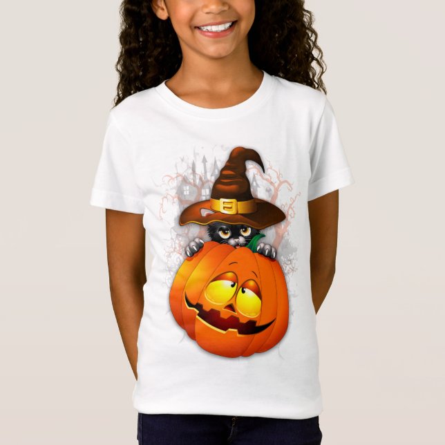 Cute Witch Cat and Pumpkin Halloween Friends T Shirt (Framsida)