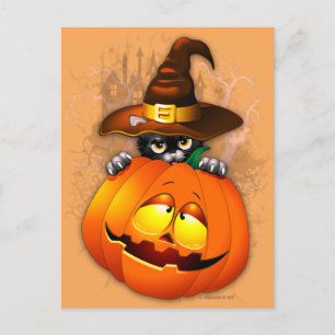 Cute Witch Cat and Pumpkin Halloween Friends Vykort