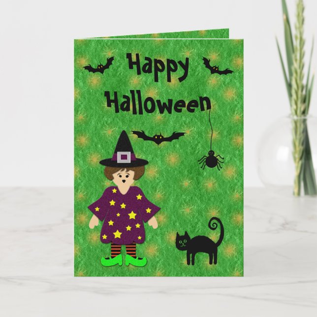Cute Witch, Cat, Fladdermus och Spider Halloween-k Kort (Framsida)
