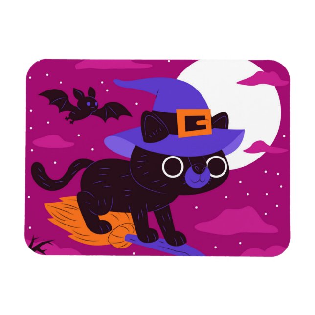 Cute Witch Cat Flying on Broom Halloween Kawaii Magnet (Horisontell)