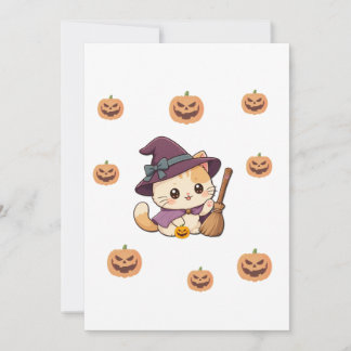 Cute Witch Cat Halloween Card Inbjudningar
