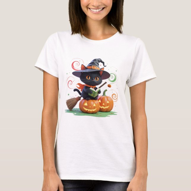 Cute Witch Cat - Halloween Magic Artwork T Shirt (Framsida)