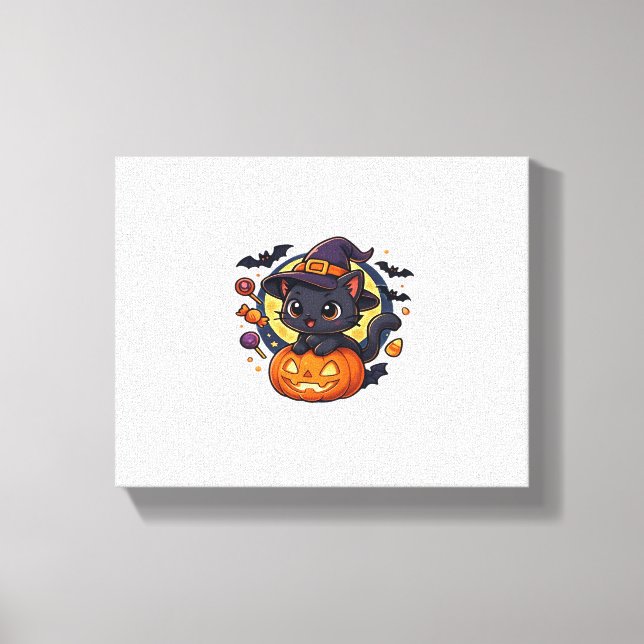 Cute Witch Cat on Pumpkin - Halloween Art Oversize Canvastryck (Framsida)