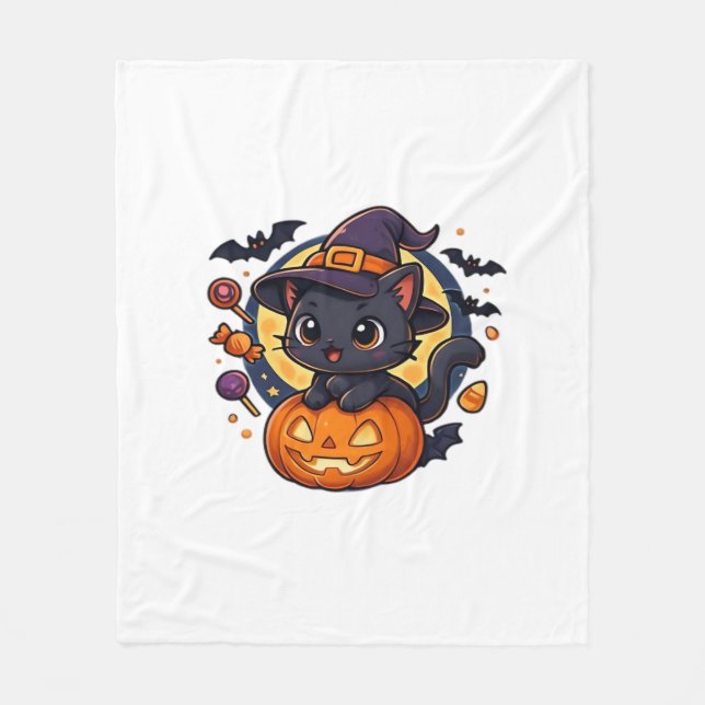 Cute Witch Cat on Pumpkin - Halloween Art Oversize Fleecefilt (Framsidan)