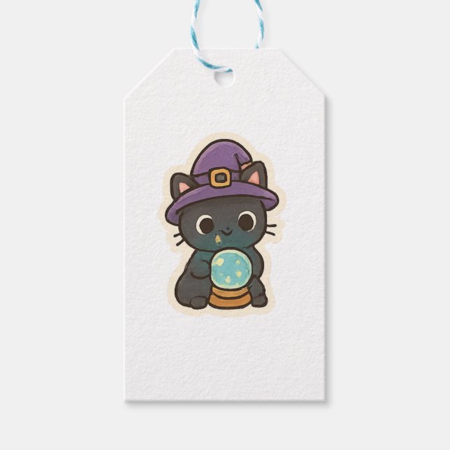 Cute Witch Cat with Crystal Ball Kawaii  Presentetikett (Framsidan)