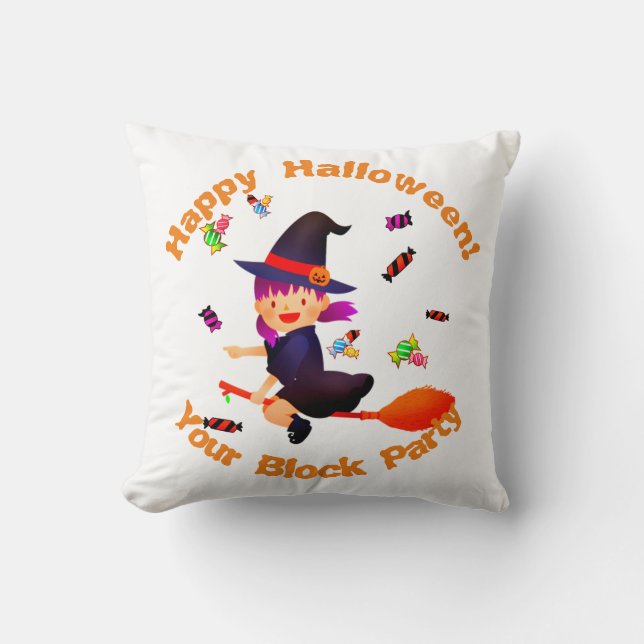 Cute Witch flyger på hennes Broom Halloween Kudde (Framsida)