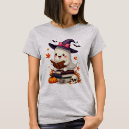 Cute Witch Ghost Reading Bok Halloween T Shirt