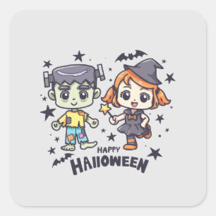 Cute Witch Girl and Mischievous Zombie Boy Fyrkantigt Klistermärke