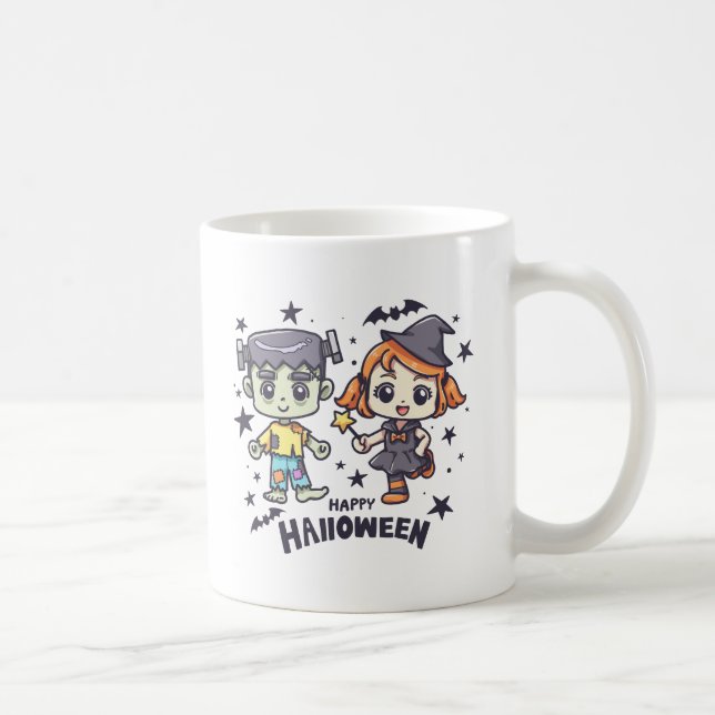 Cute Witch Girl and Mischievous Zombie Boy Kaffemugg (Höger)