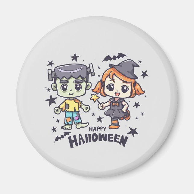 Cute Witch Girl and Mischievous Zombie Boy Magnet (Framsidan)