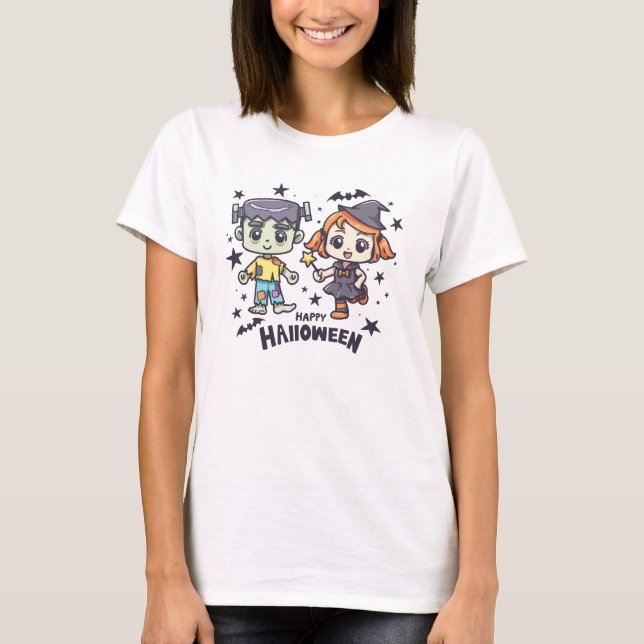 Cute Witch Girl and Mischievous Zombie Boy T Shirt (Framsida)