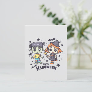 Cute Witch Girl and Mischievous Zombie Boy Vykort