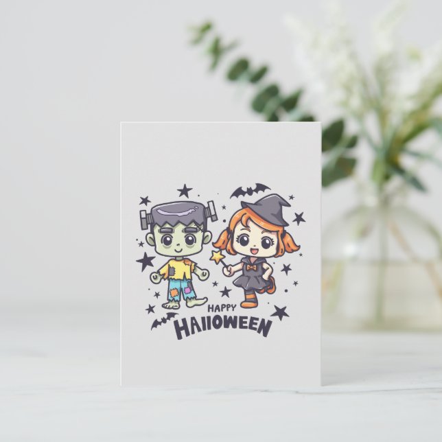 Cute Witch Girl and Mischievous Zombie Boy Vykort (Stående Fram)