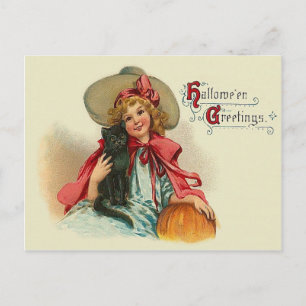 Cute Witch Girl Black Cat Pumpkin Vykort