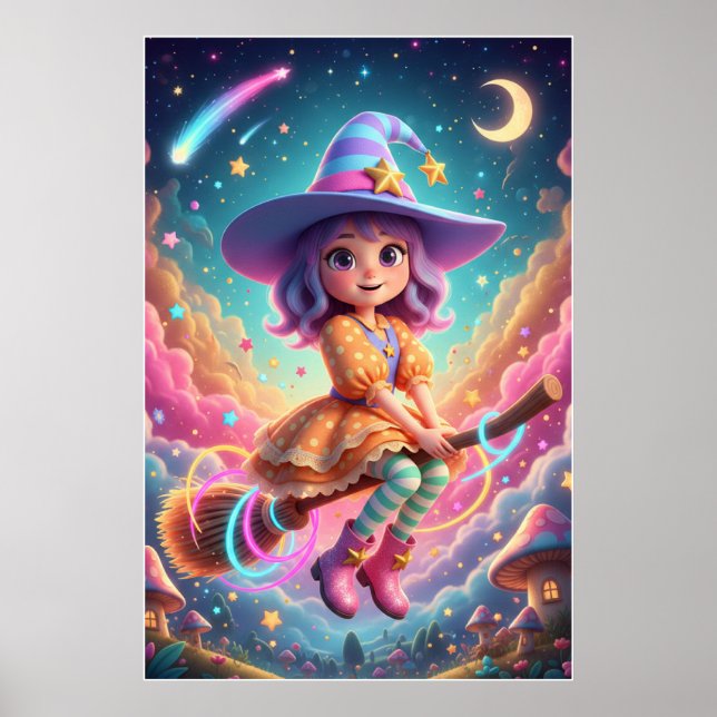 Cute Witch Girl Flying on Broom | Kawaii Fantasy  Poster (Framsidan)