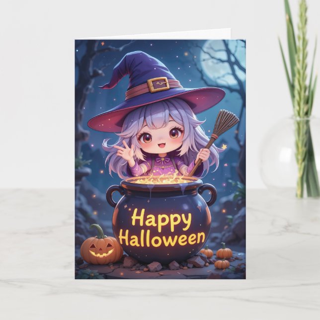 Cute Witch Girl Halloween Whimsical Kort (Framsida)