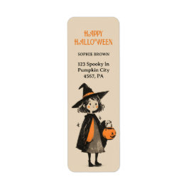 Cute Witch Girl Retro Halloween Returadress Etikett