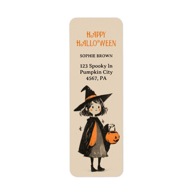 Cute Witch Girl Retro Halloween Returadress Returadress Etikett (Framsidan)
